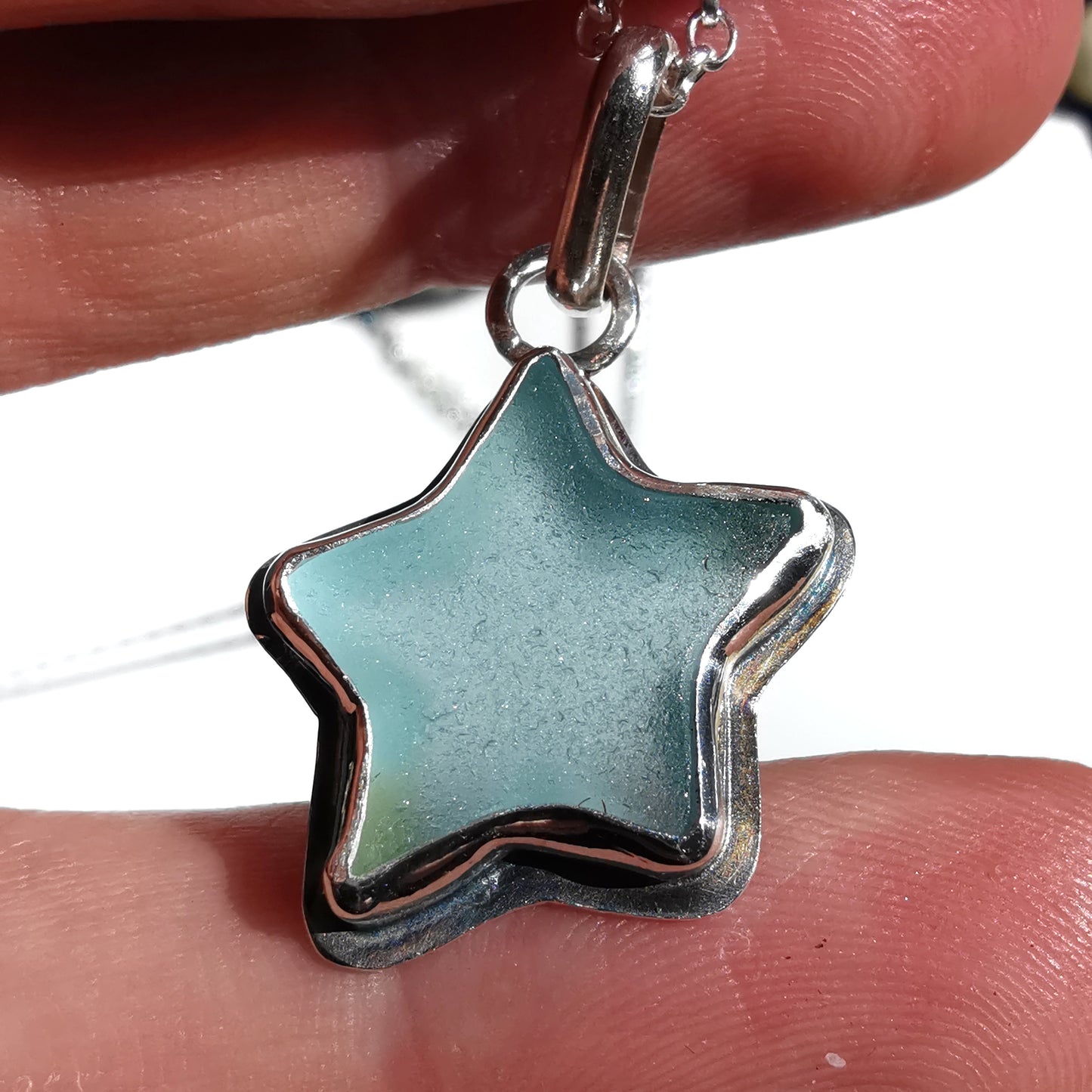 Reserved for Lesley. Scottish blue sea glass star & sterling silver pendant.