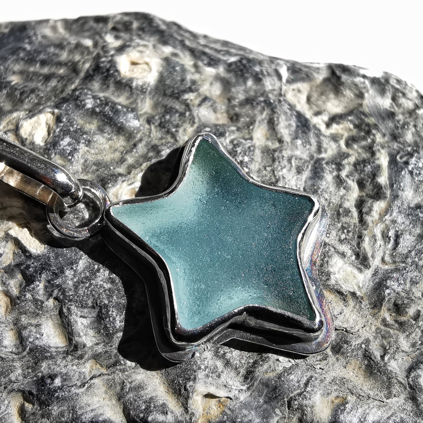 Reserved for Lesley. Scottish blue sea glass star & sterling silver pendant.