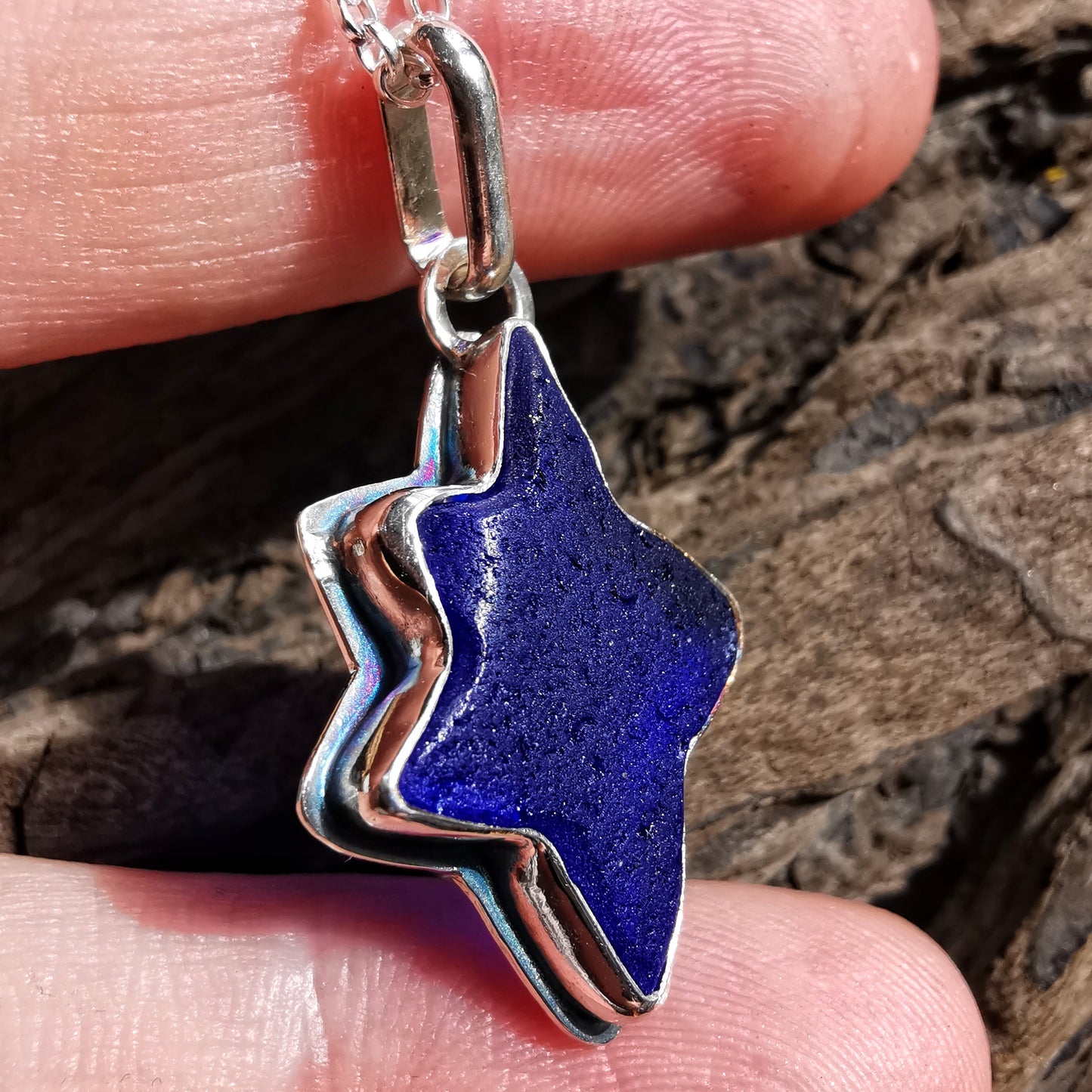 Scottish cobalt blue sea glass star & sterling silver pendant.