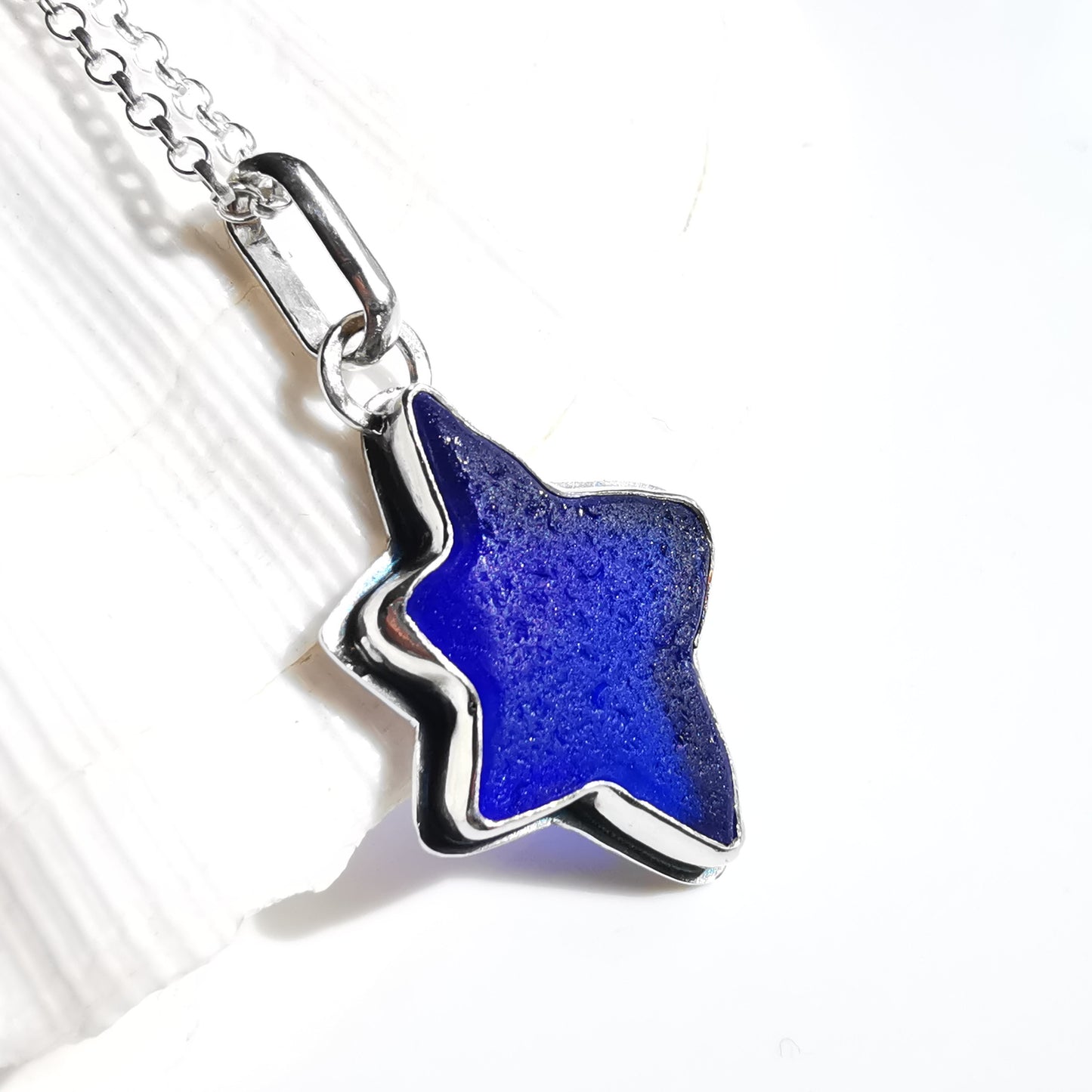 Scottish cobalt blue sea glass star & sterling silver pendant.