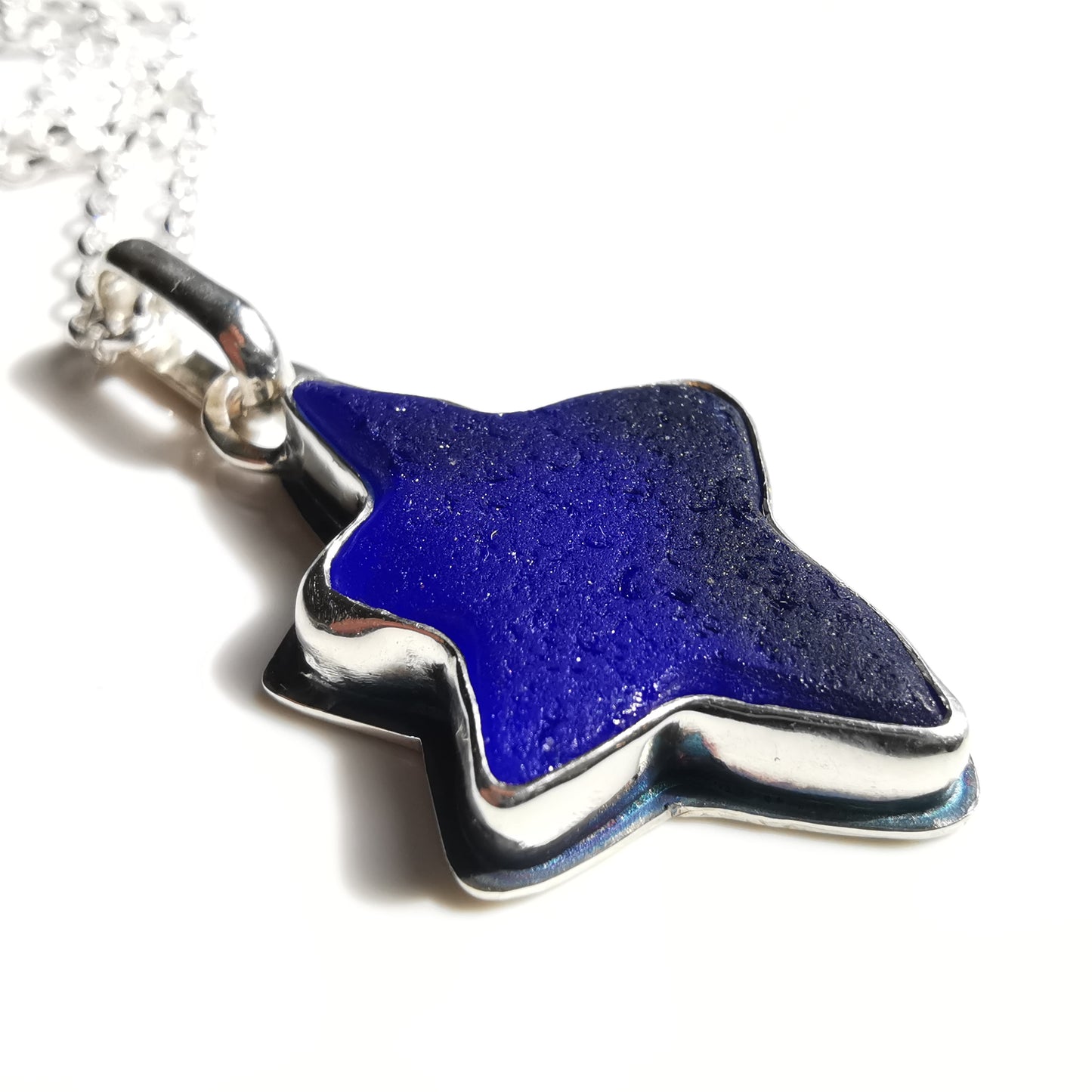 Scottish cobalt blue sea glass star & sterling silver pendant.