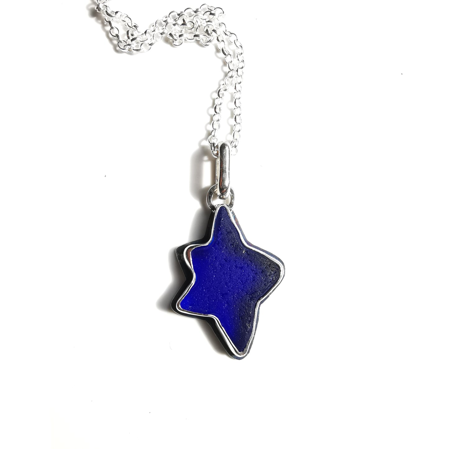 Scottish cobalt blue sea glass star & sterling silver pendant.