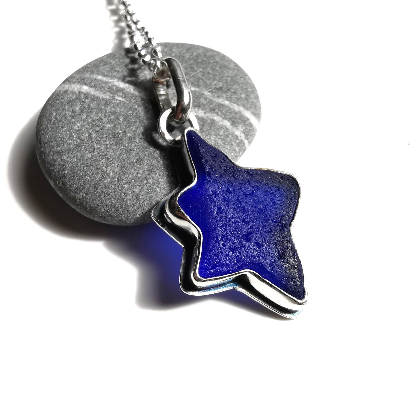 Scottish cobalt blue sea glass star & sterling silver pendant.