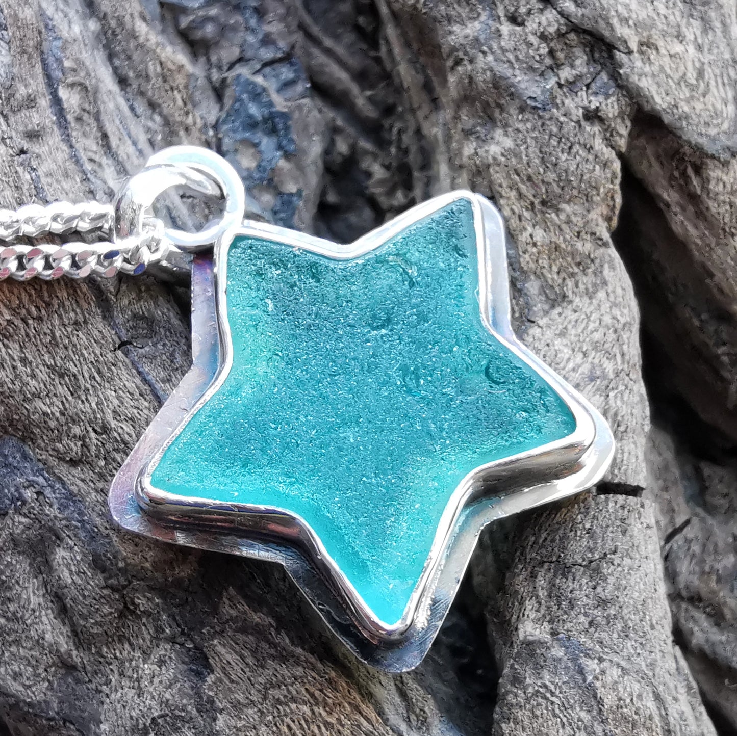 Scottish teal sea glass star & sterling silver pendant.