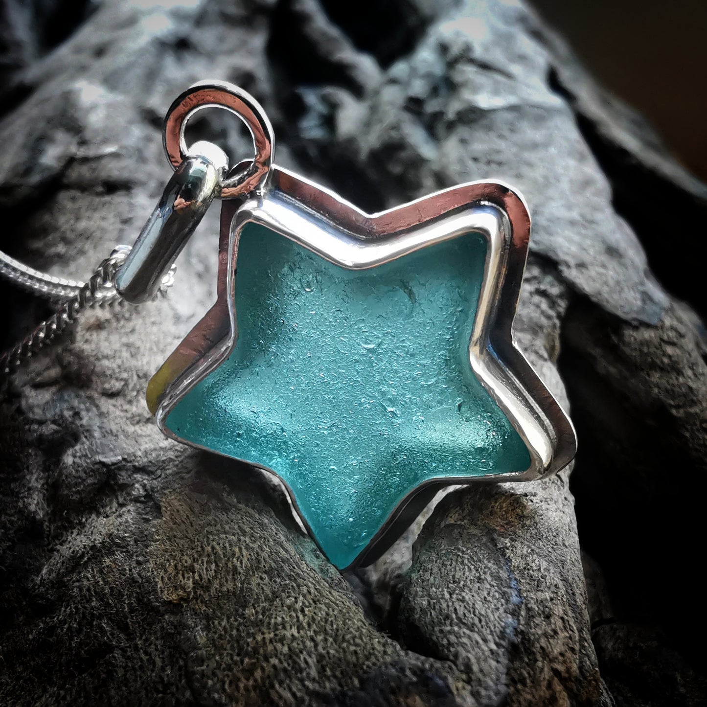 Scottish teal sea glass star & sterling silver pendant.