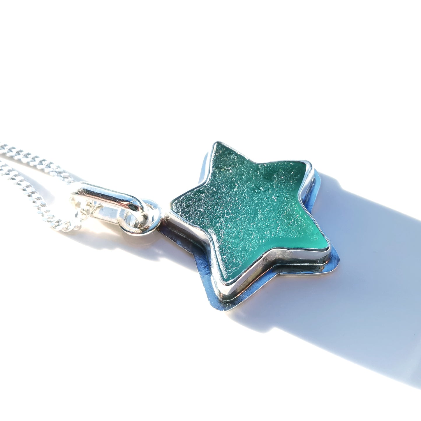 Scottish teal sea glass star & sterling silver pendant.