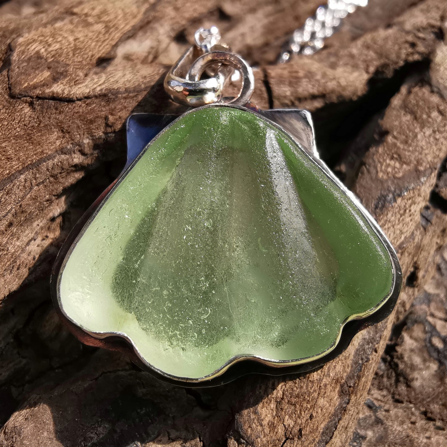 Scottish green sea glass shell & sterling silver pendant.