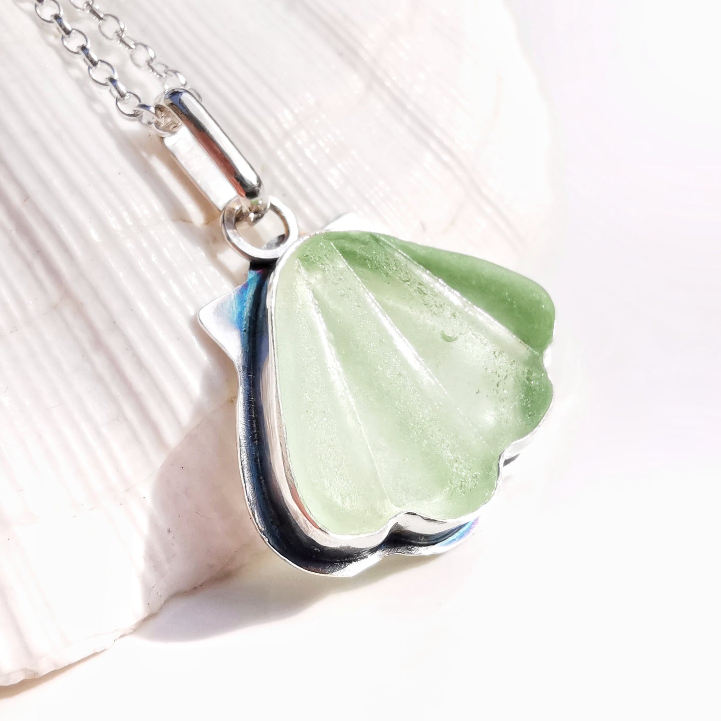 Scottish green sea glass shell & sterling silver pendant.