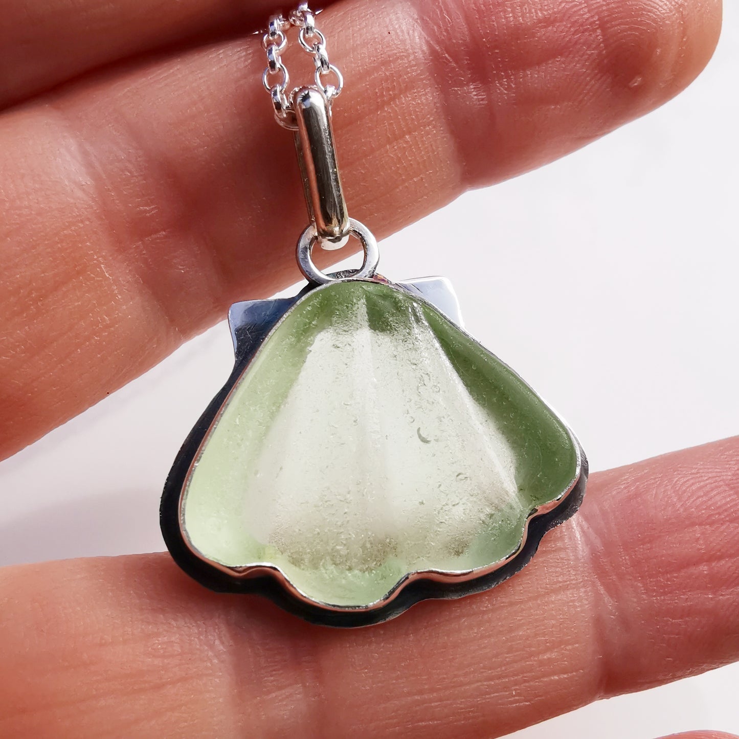 Scottish green sea glass shell & sterling silver pendant.