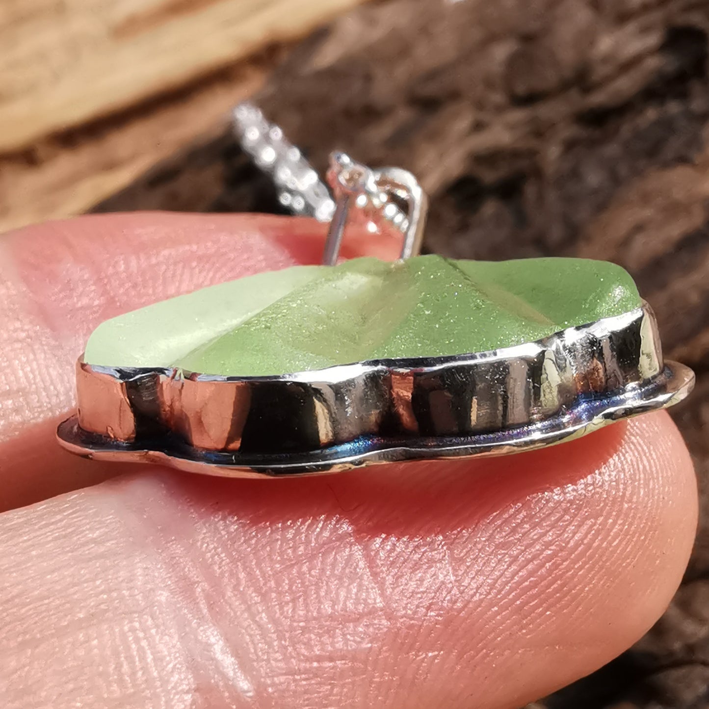 Scottish green sea glass shell & sterling silver pendant.