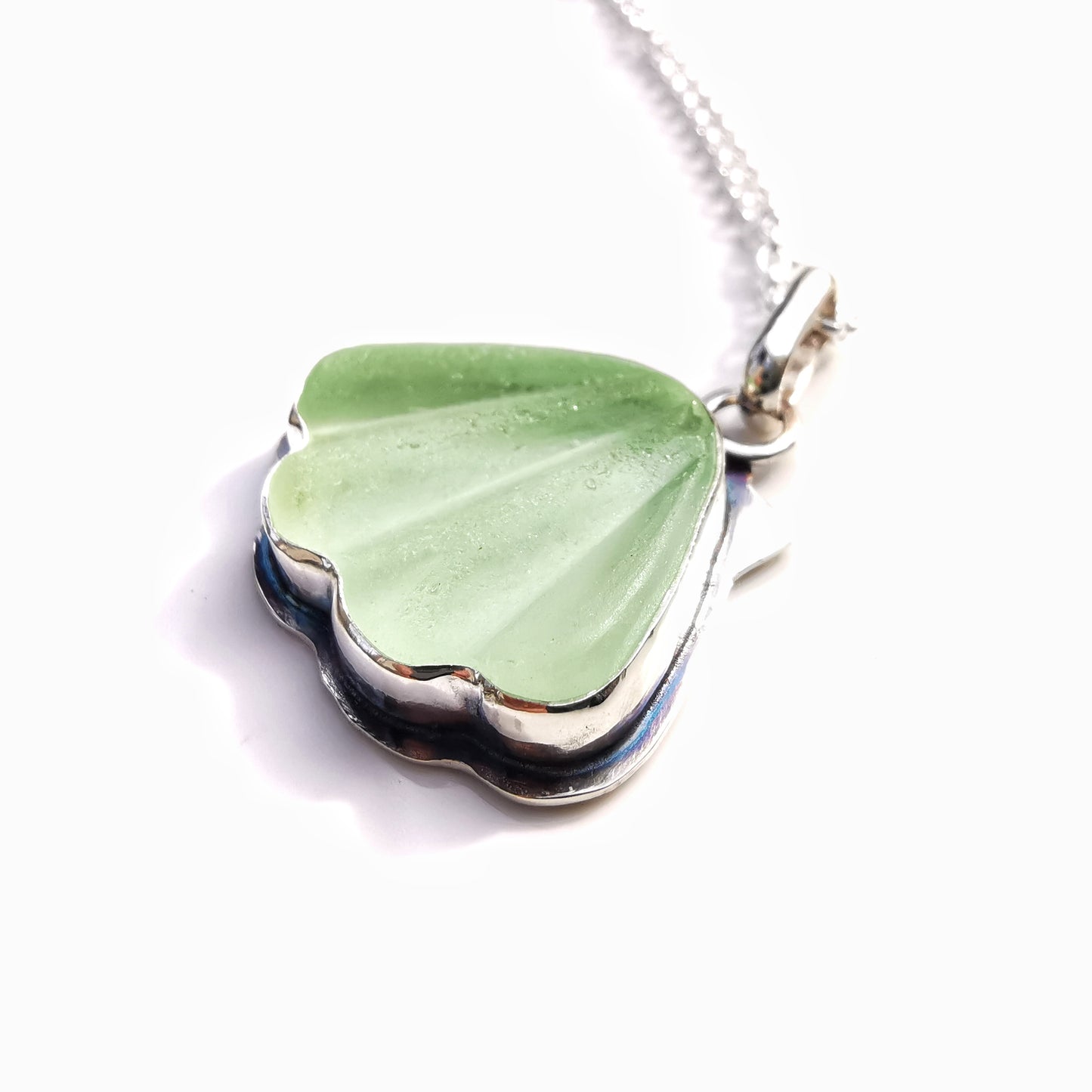 Scottish green sea glass shell & sterling silver pendant.