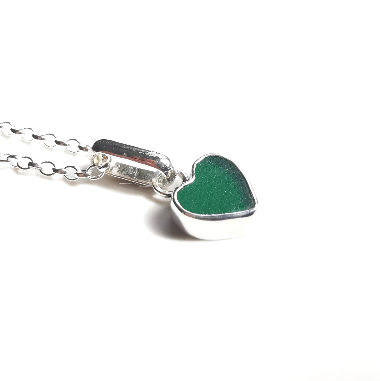 Tiny Scottish teal sea glass heart & sterling silver pendant.