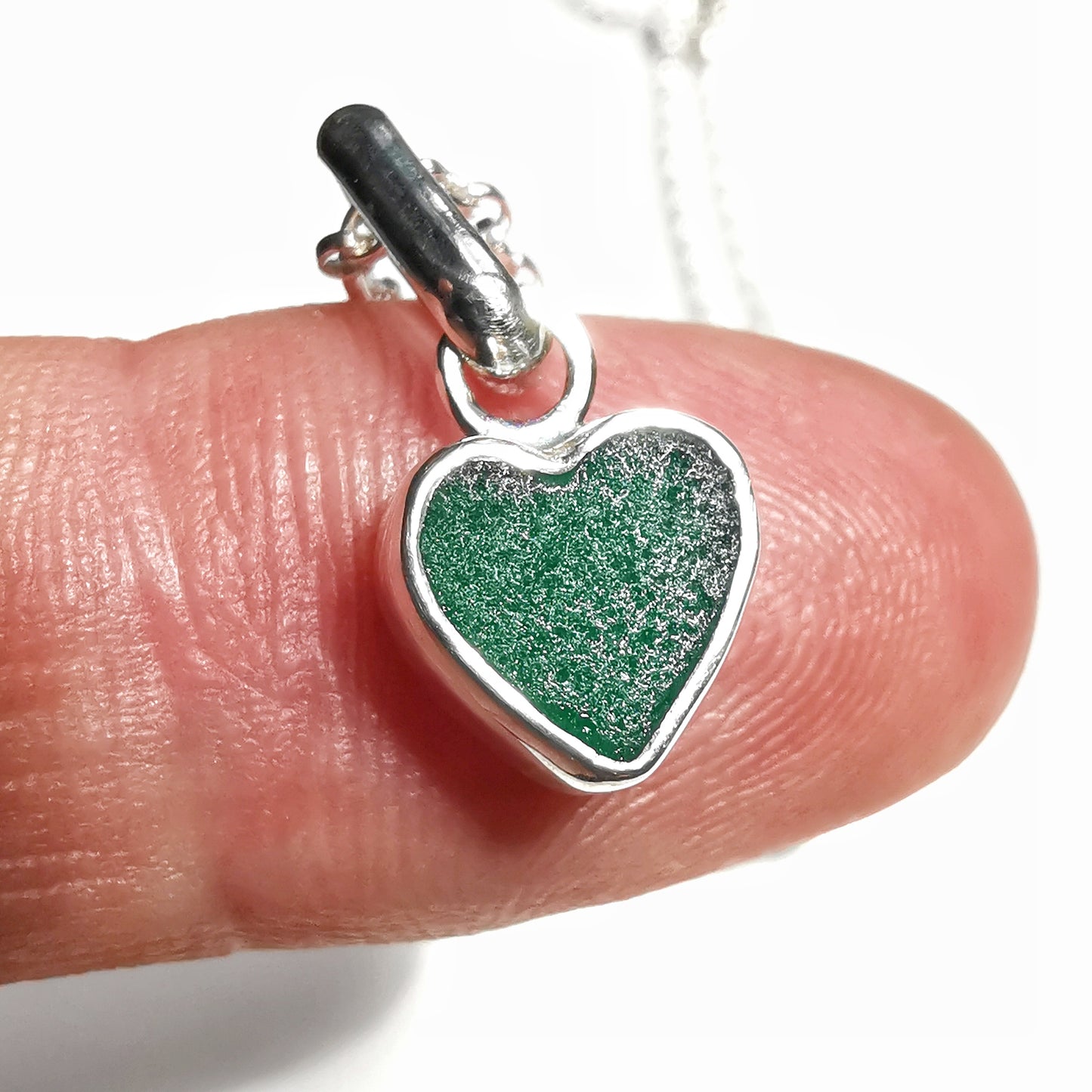 Tiny Scottish teal sea glass heart & sterling silver pendant.