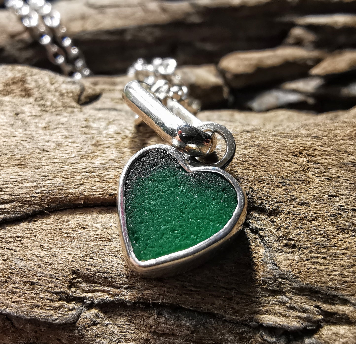 Tiny Scottish teal sea glass heart & sterling silver pendant.