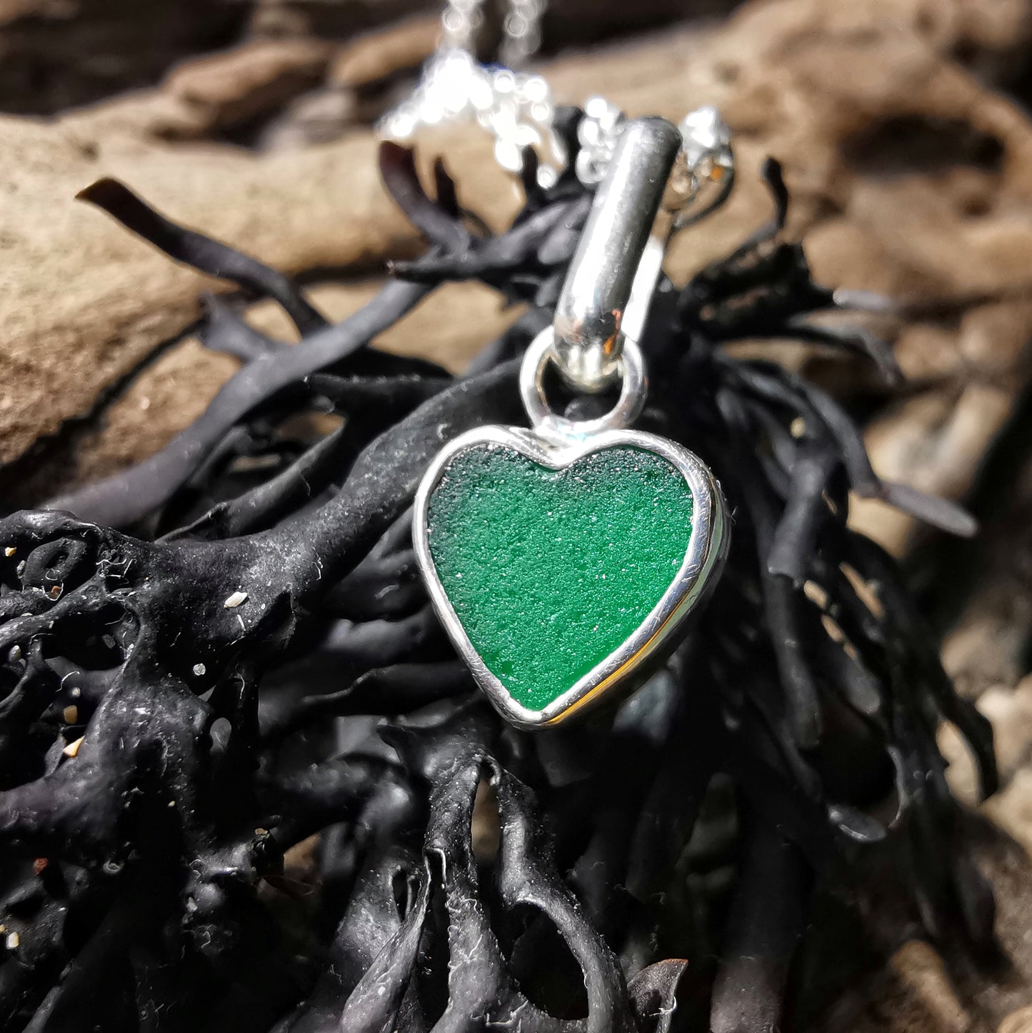 Tiny Scottish teal sea glass heart & sterling silver pendant.