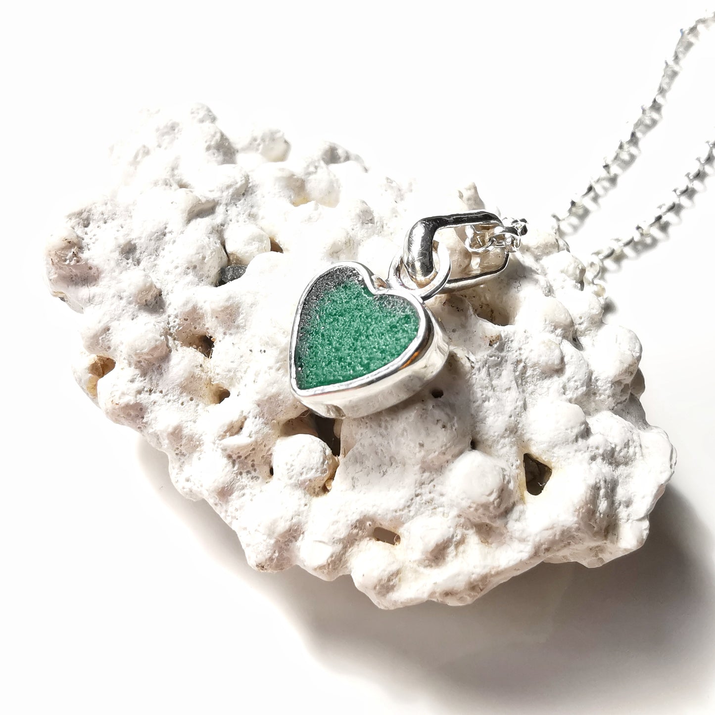 Tiny Scottish teal sea glass heart & sterling silver pendant.