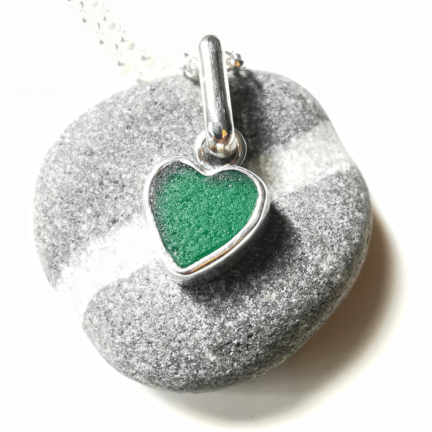 Tiny Scottish teal sea glass heart & sterling silver pendant.
