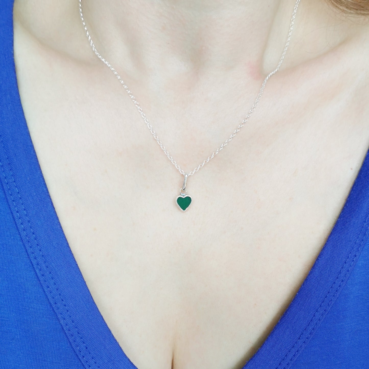 Tiny Scottish teal sea glass heart & sterling silver pendant.