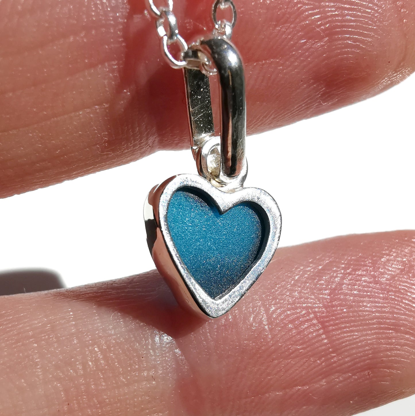 Tiny Scottish teal blue sea glass heart & sterling silver pendant.