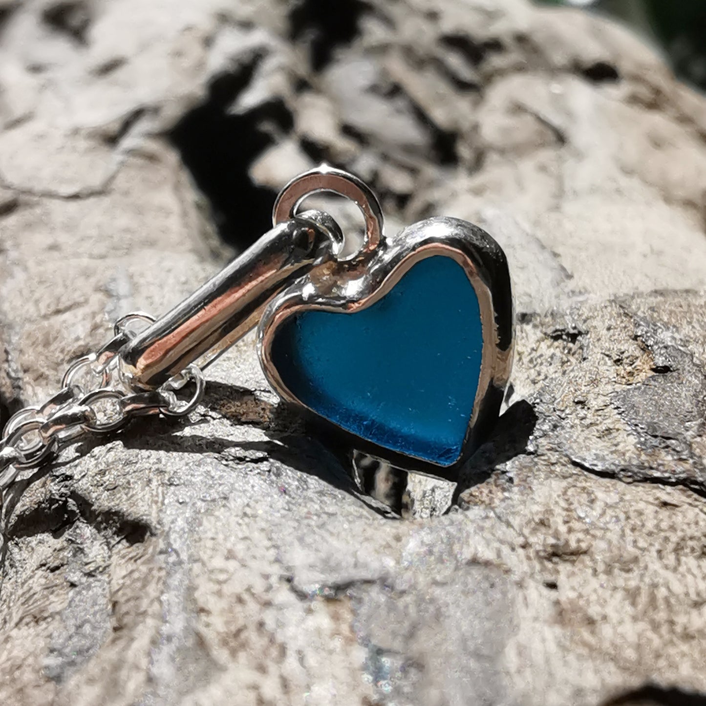 Tiny Scottish teal blue sea glass heart & sterling silver pendant.