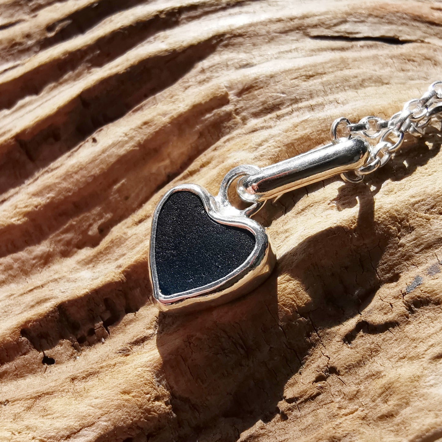 Tiny Scottish teal blue sea glass heart & sterling silver pendant.