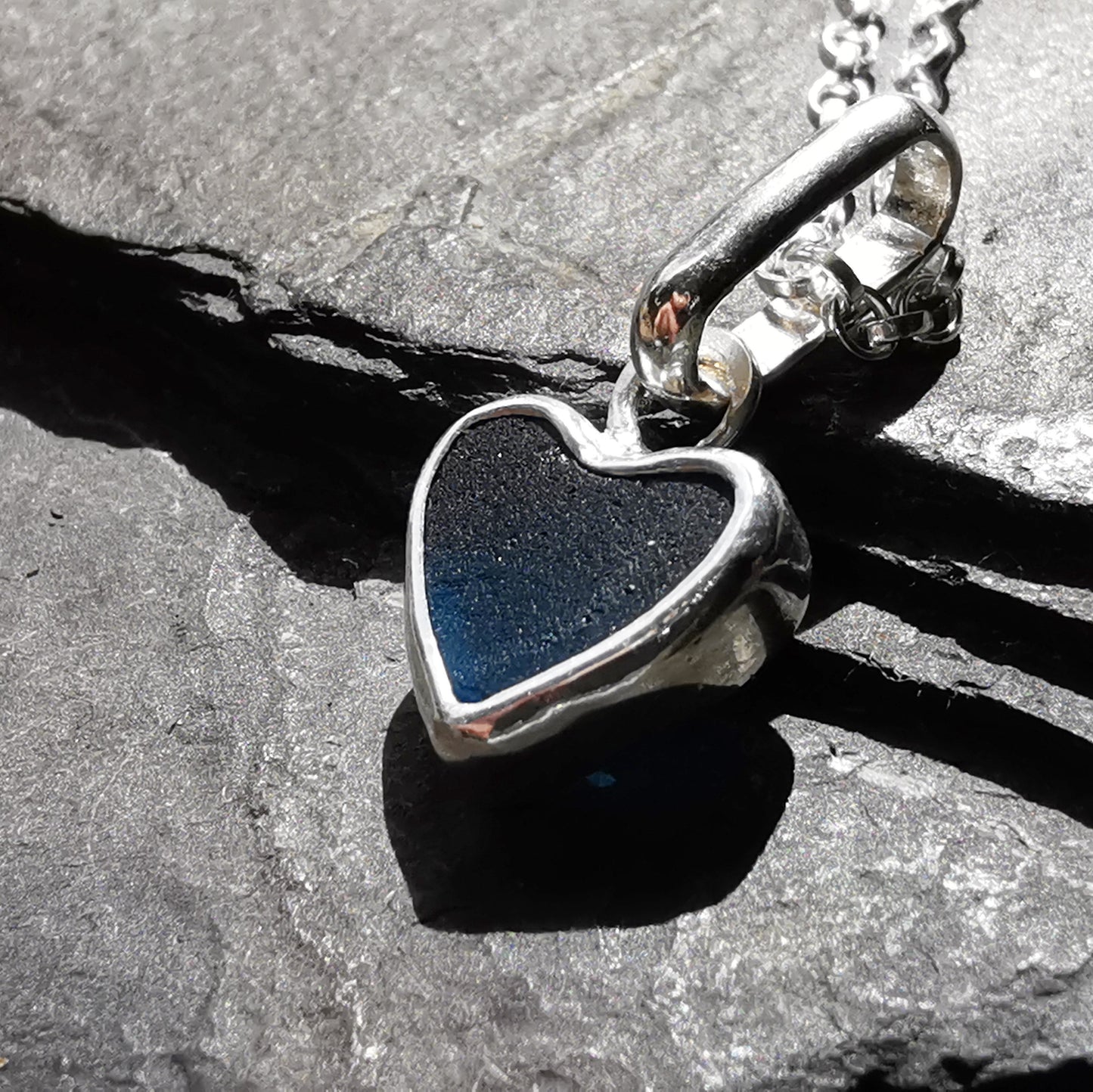 Tiny Scottish teal blue sea glass heart & sterling silver pendant.