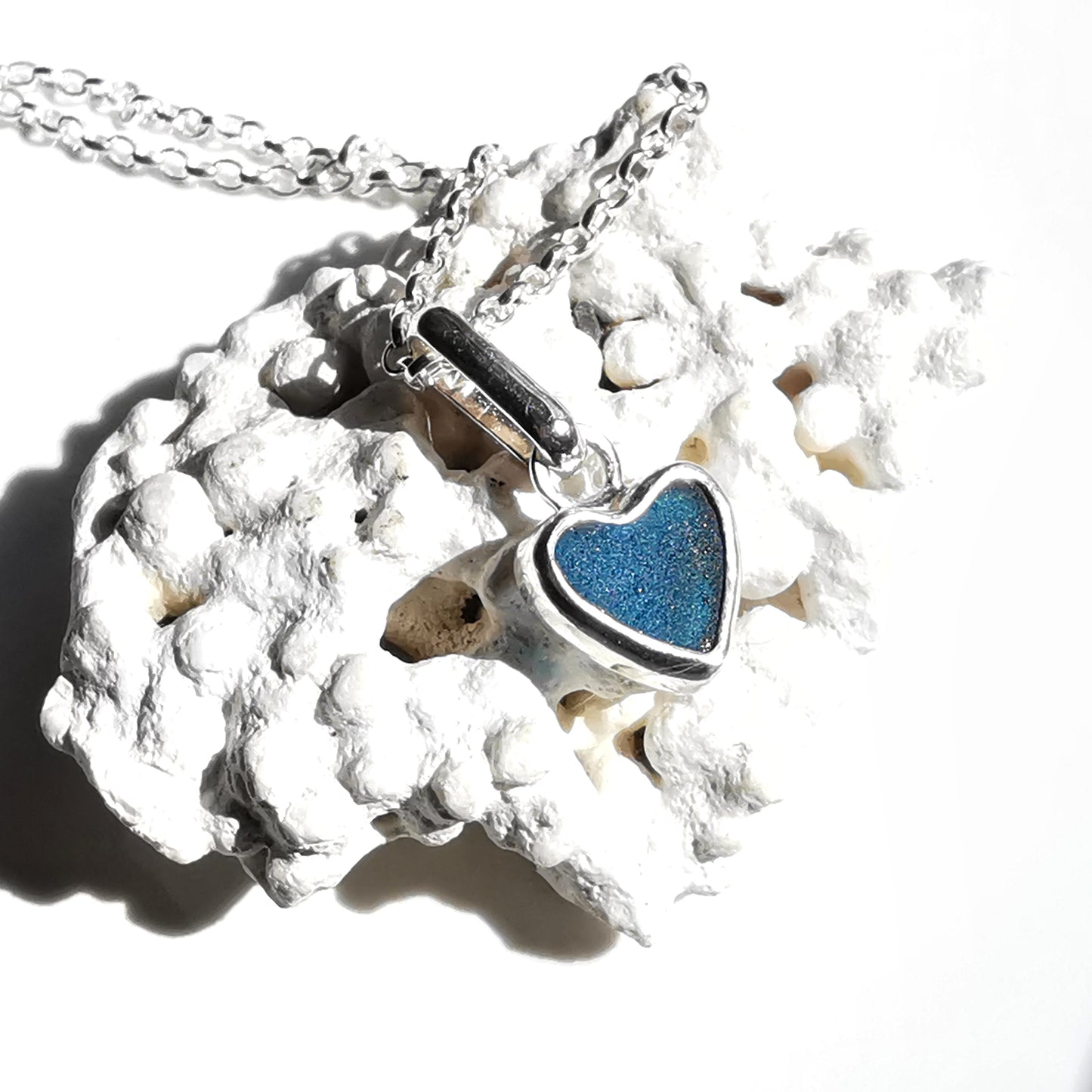 Tiny Scottish teal blue sea glass heart & sterling silver pendant.
