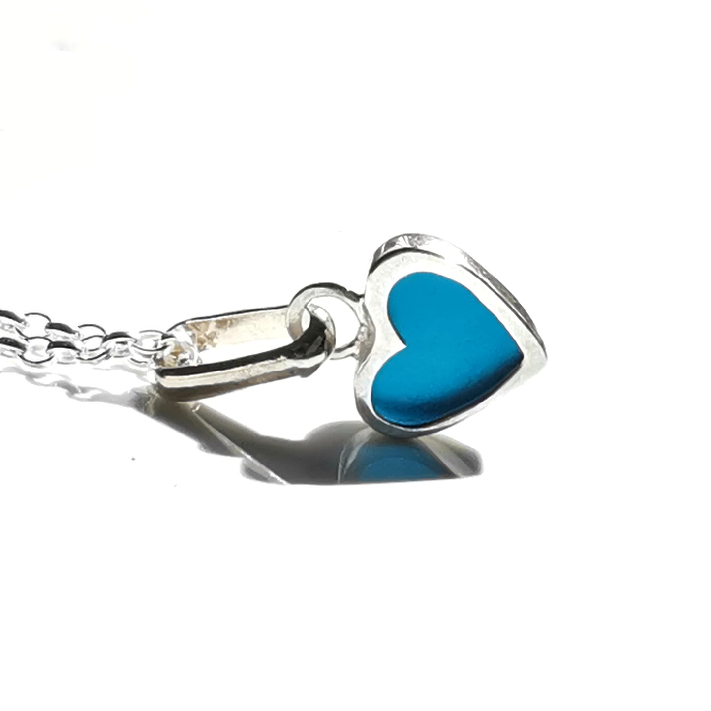 Tiny Scottish teal blue sea glass heart & sterling silver pendant.