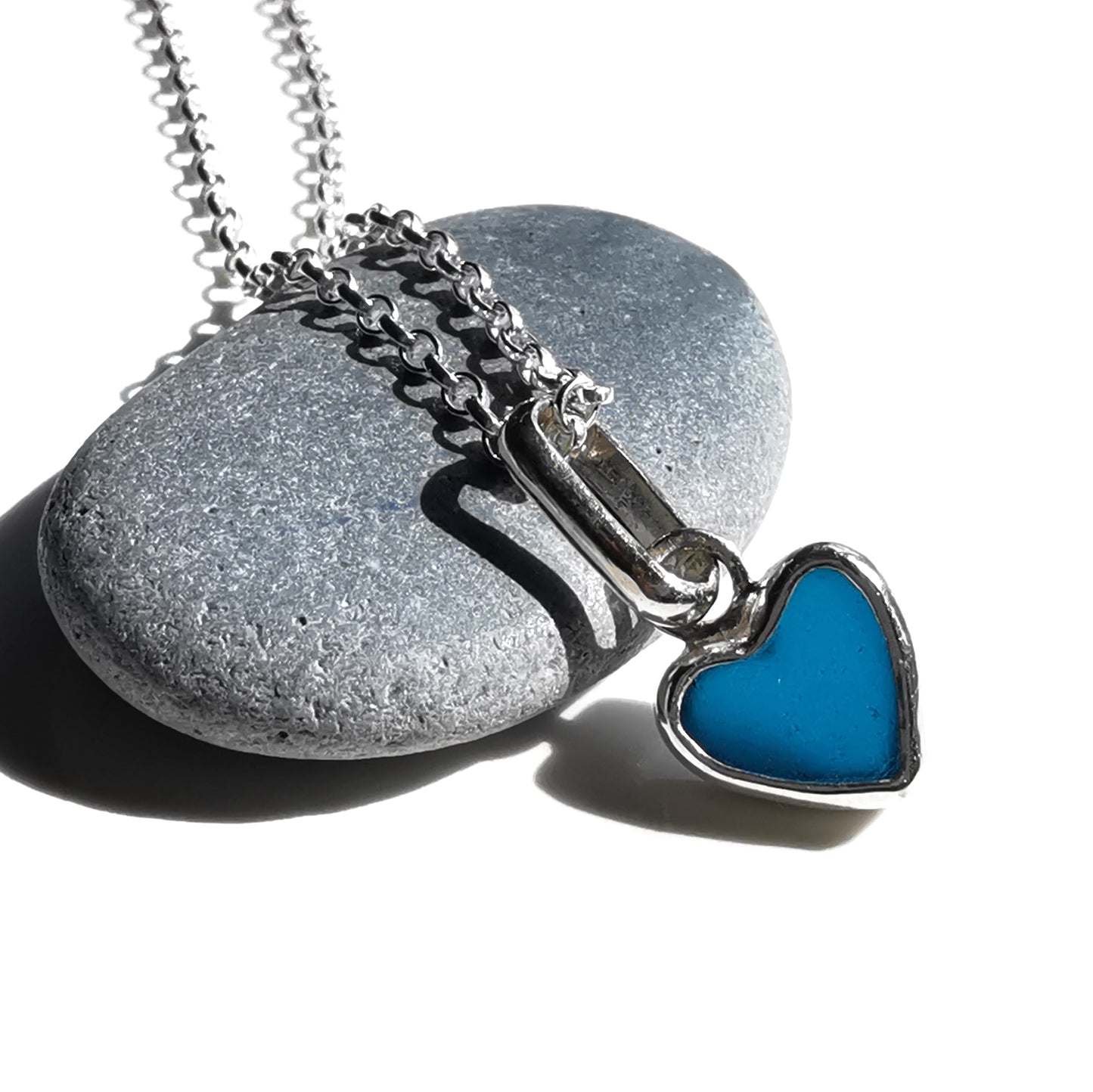 Tiny Scottish teal blue sea glass heart & sterling silver pendant.