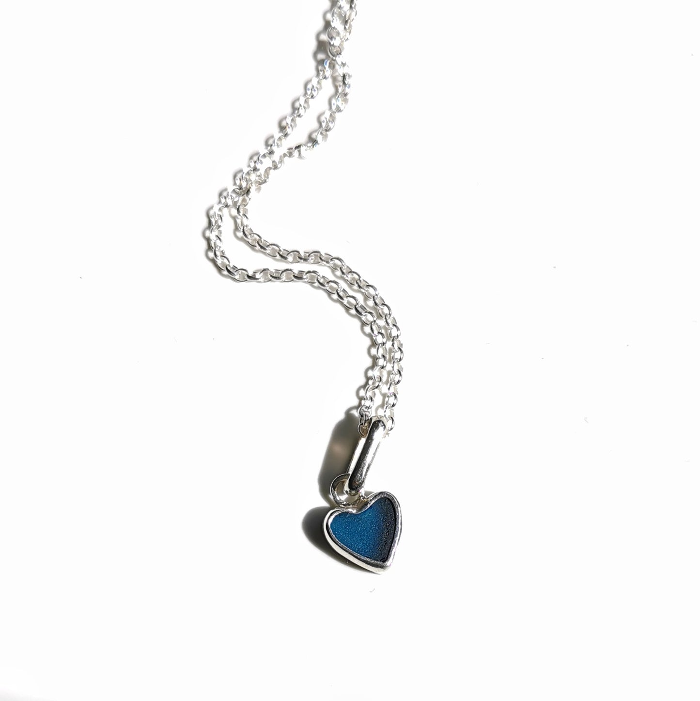 Tiny Scottish teal blue sea glass heart & sterling silver pendant.