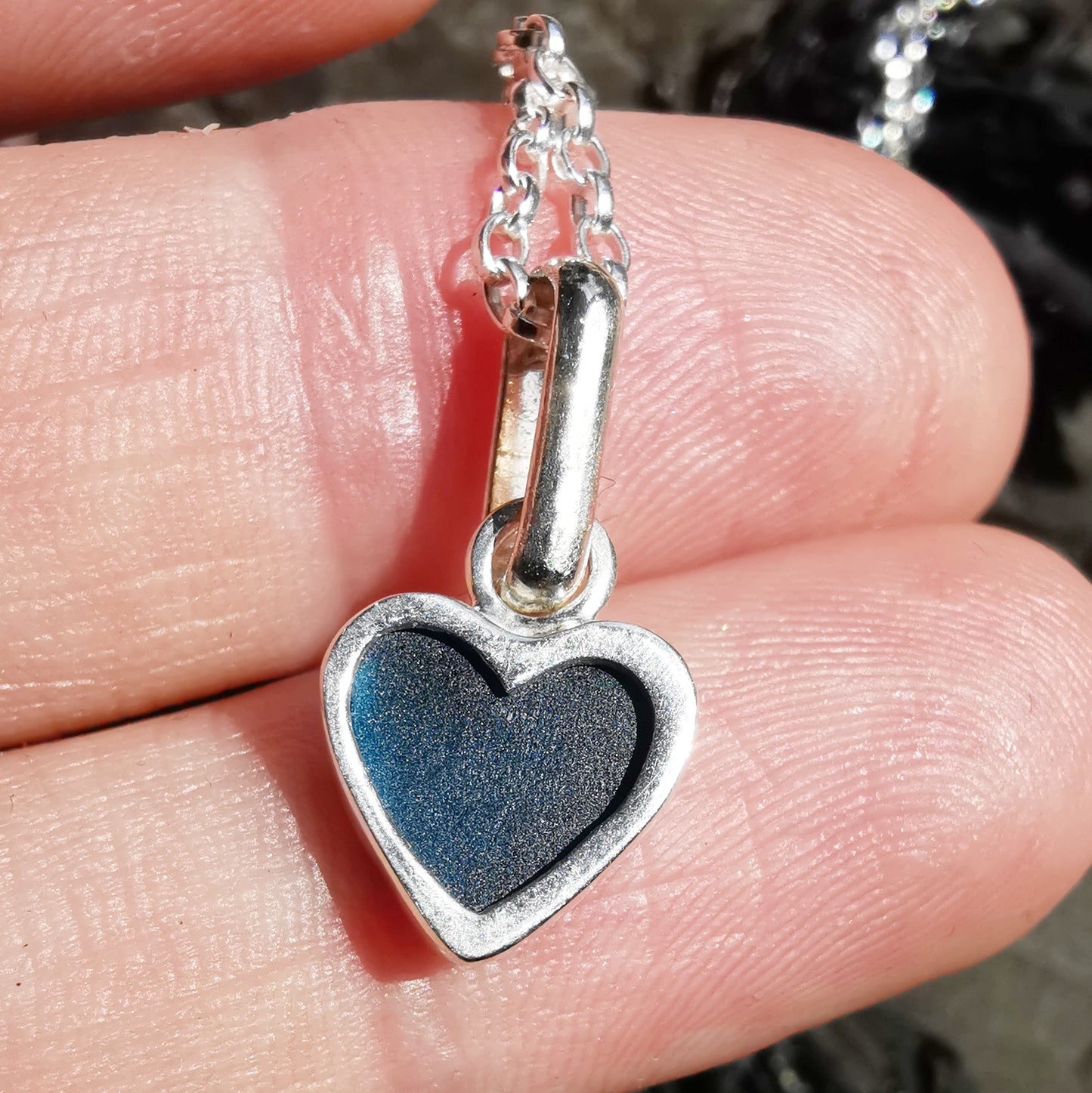 Tiny Scottish teal blue sea glass heart & sterling silver pendant.