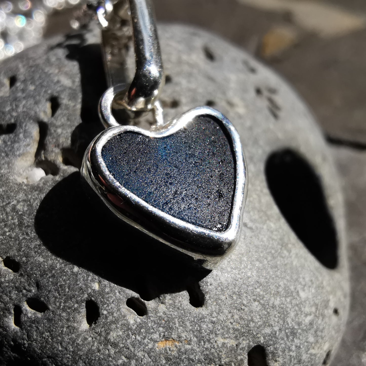 Tiny Scottish teal blue sea glass heart & sterling silver pendant.