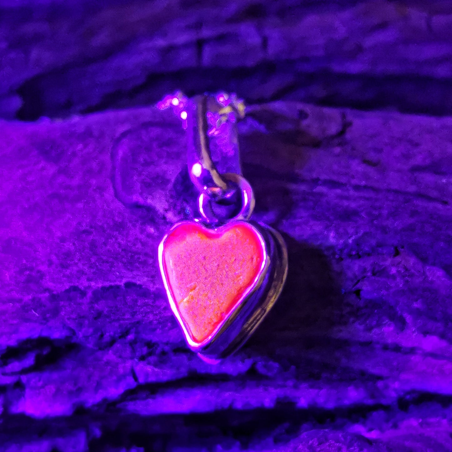 Tiny Scottish UV red sea glass heart & sterling silver pendant.