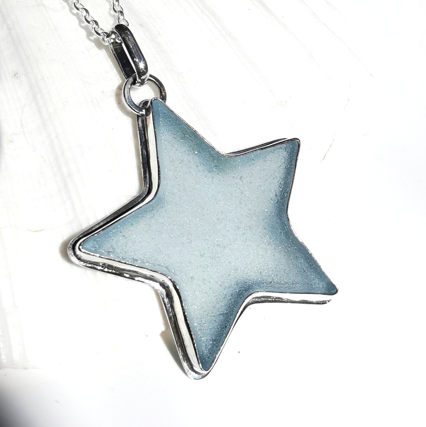 Scottish blue sea glass star & sterling silver pendant.