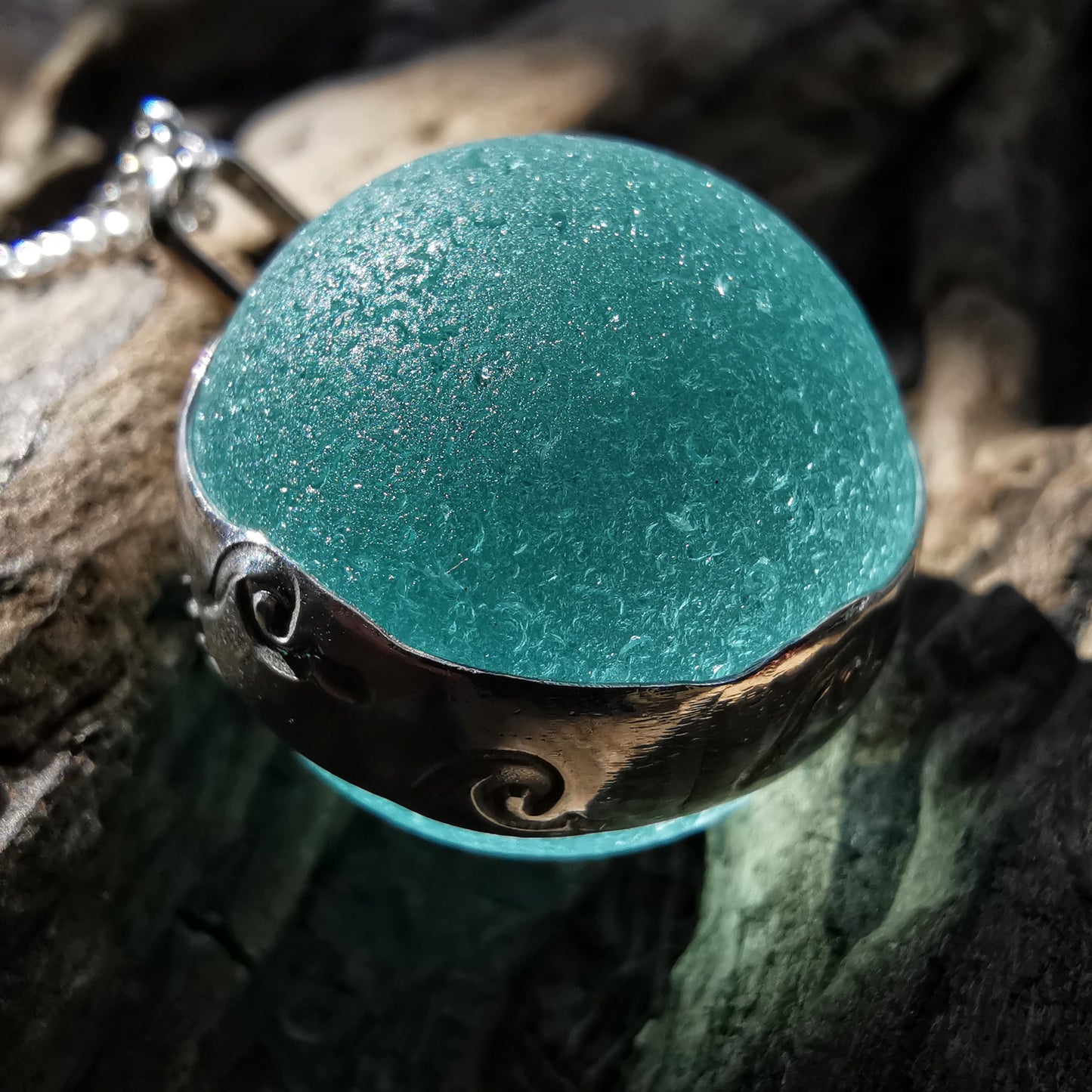 Reserved. Large Scottish turquoise Codd sea glass marble& sterling silver pendant.