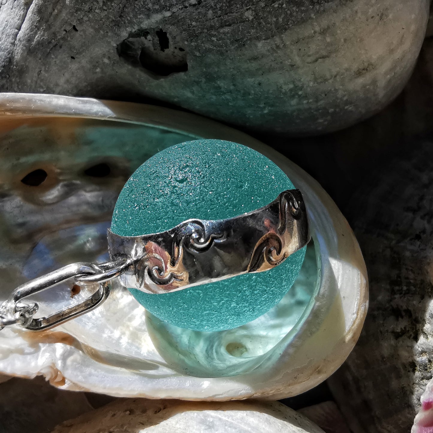Reserved. Large Scottish turquoise Codd sea glass marble& sterling silver pendant.