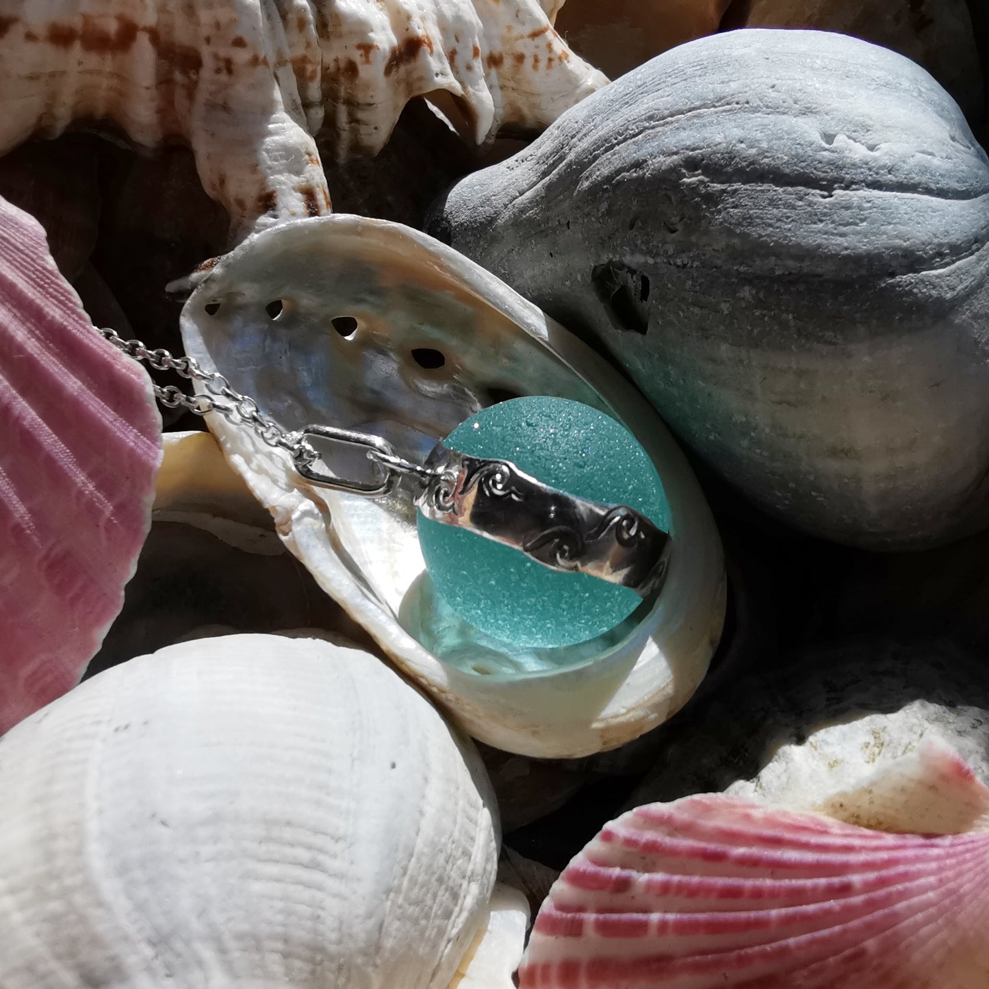 Reserved. Large Scottish turquoise Codd sea glass marble& sterling silver pendant.