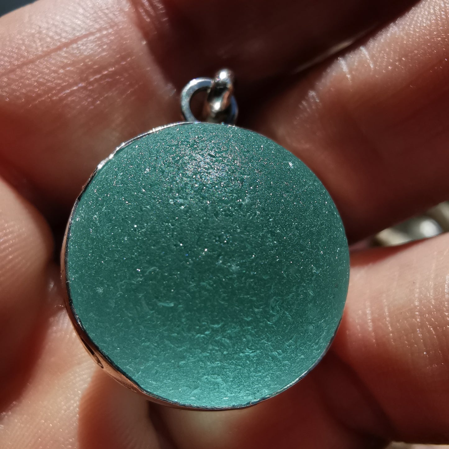 Reserved. Large Scottish turquoise Codd sea glass marble& sterling silver pendant.