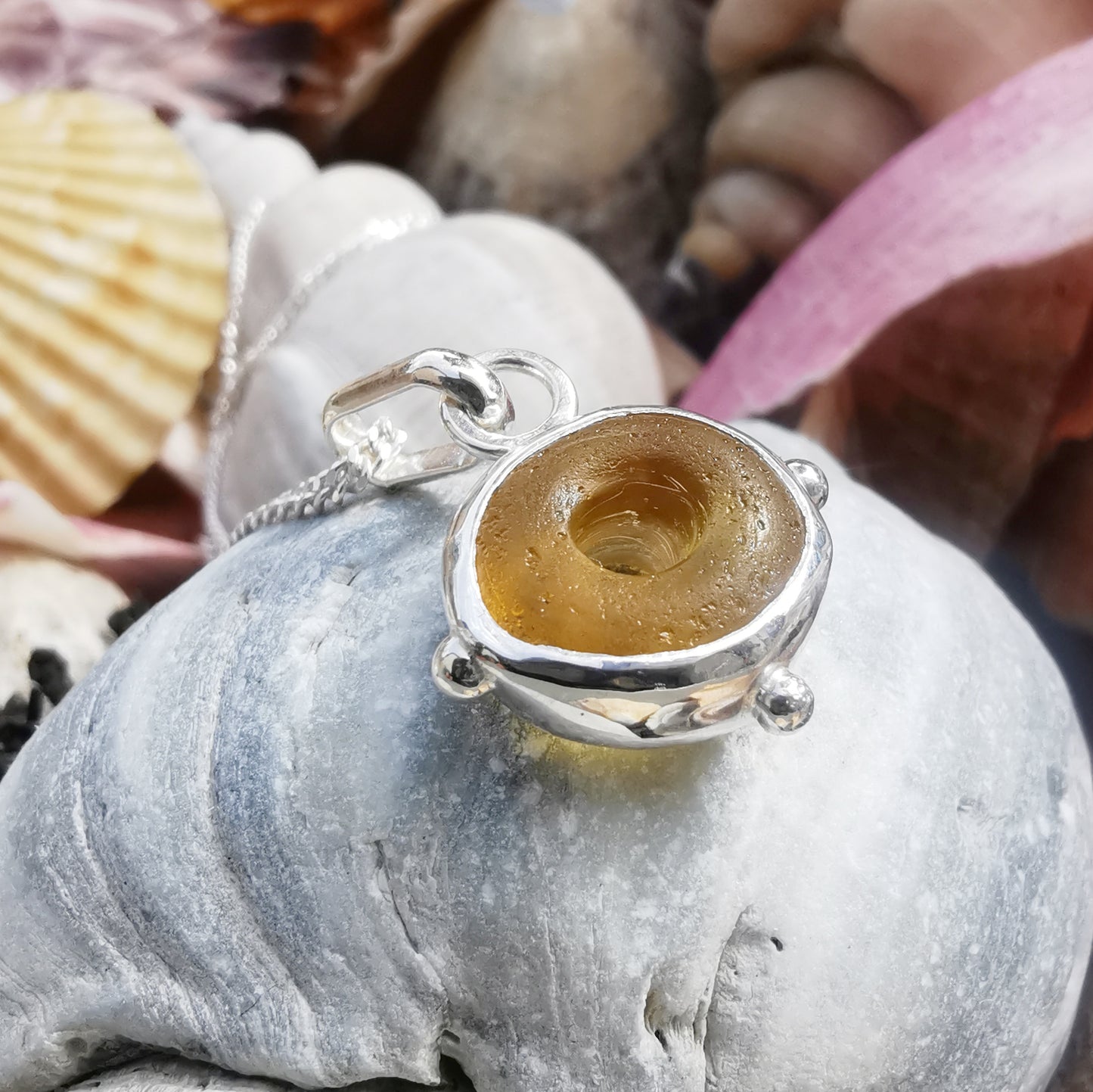 Scottish honey yellow sea glass bead & sterling silver pendant.