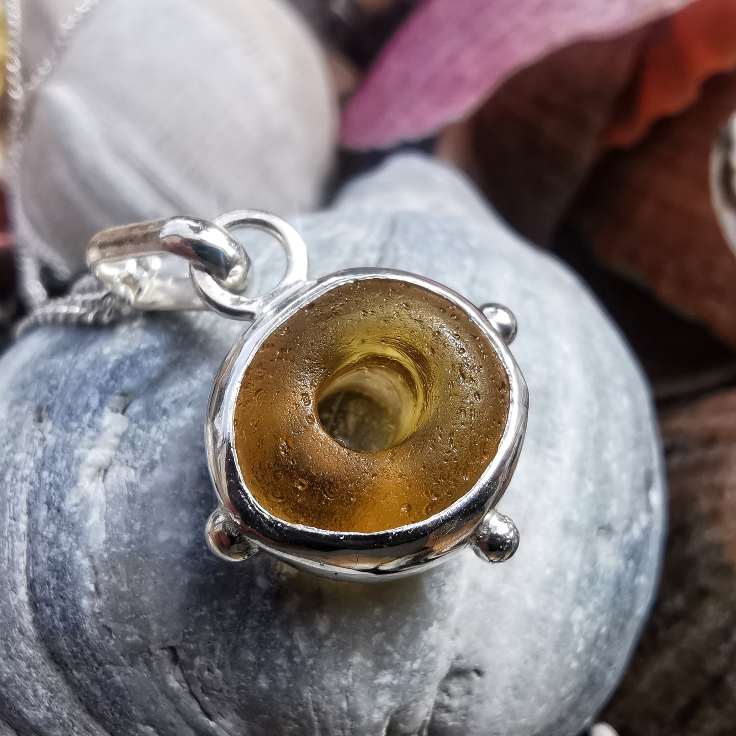 Scottish honey yellow sea glass bead & sterling silver pendant.