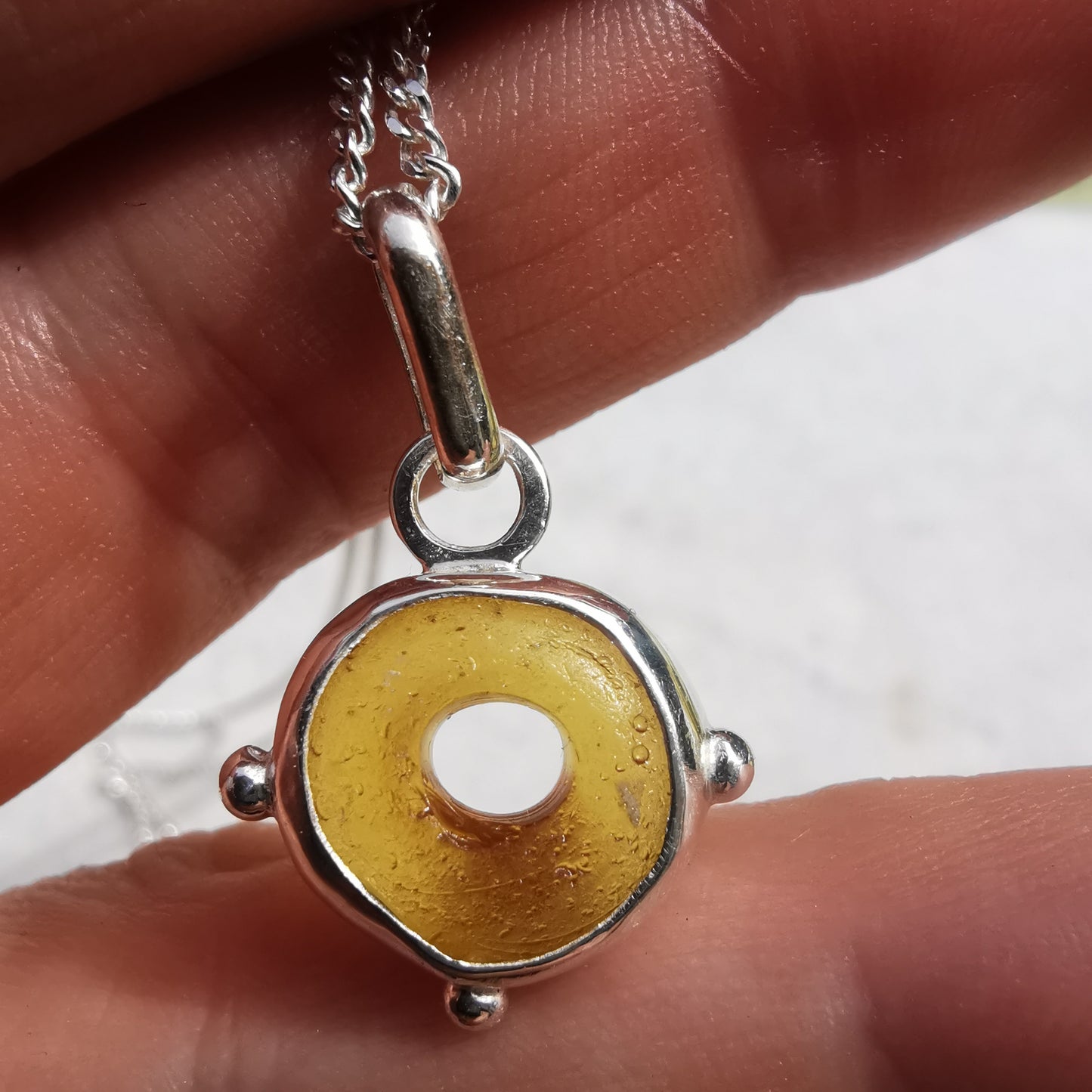 Scottish honey yellow sea glass bead & sterling silver pendant.