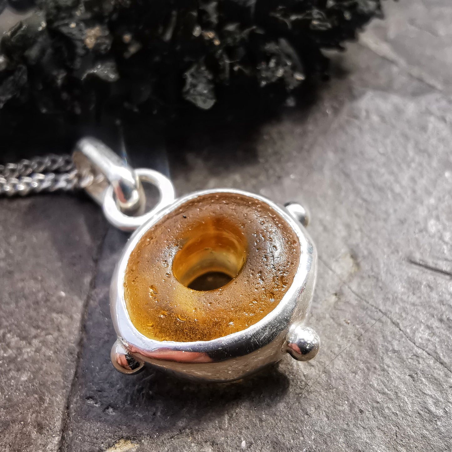 Scottish honey yellow sea glass bead & sterling silver pendant.