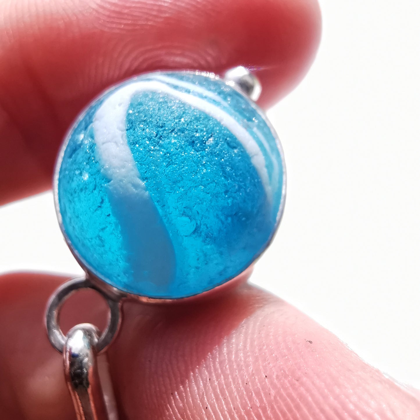 Aqua blue sea glass marble & sterling silver pendant.