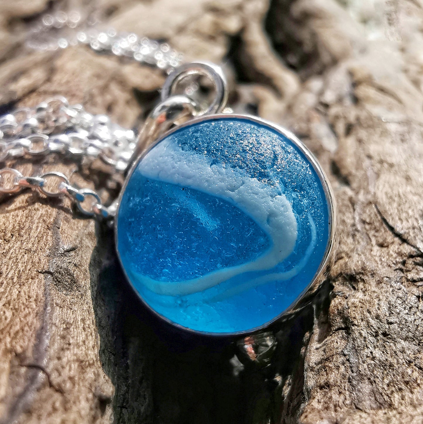 Aqua blue sea glass marble & sterling silver pendant.