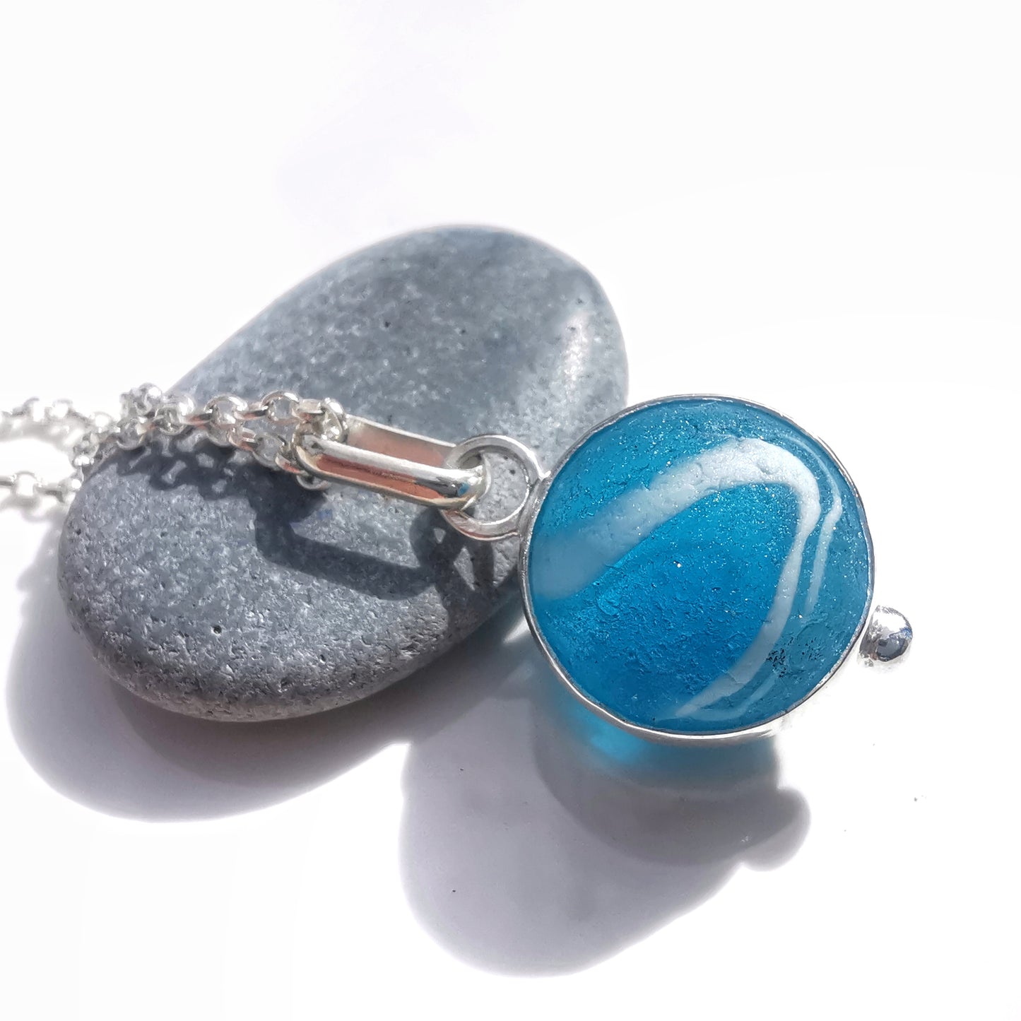 Aqua blue sea glass marble & sterling silver pendant.