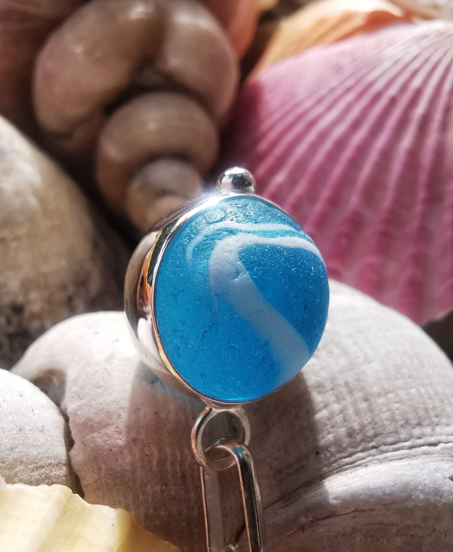 Aqua blue sea glass marble & sterling silver pendant.