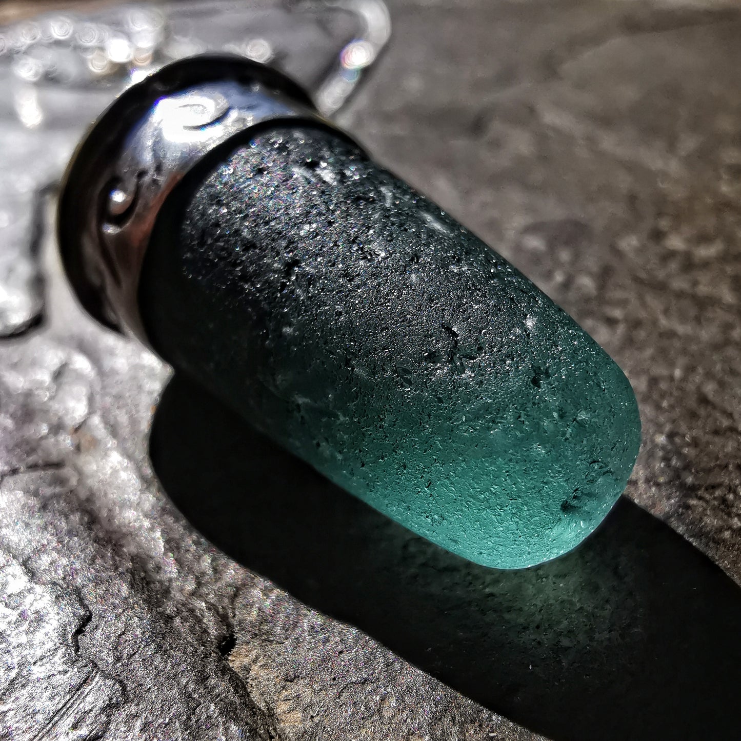 Scottish teal sea glass stopper stem & sterling silver pendant.