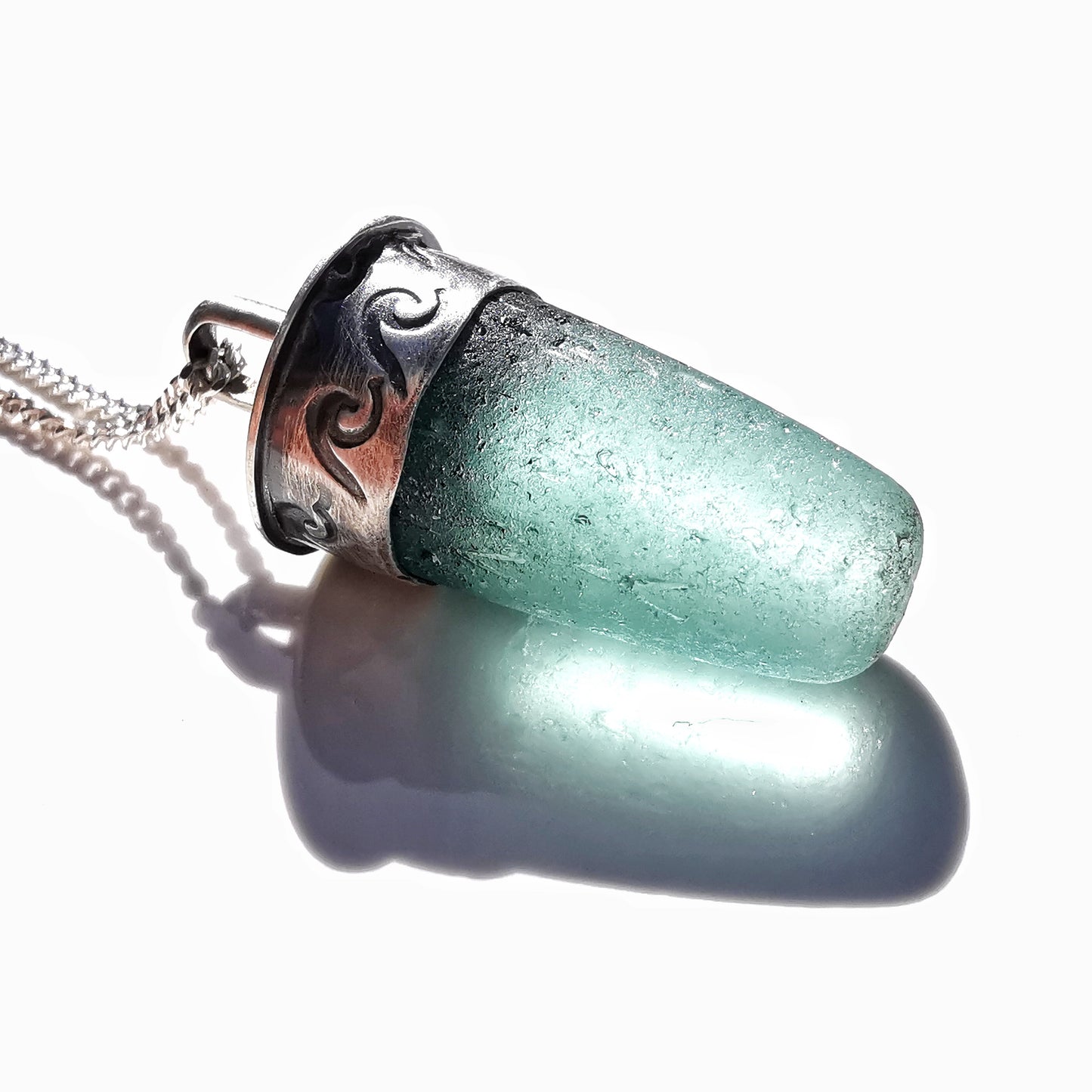 Scottish teal sea glass stopper stem & sterling silver pendant.