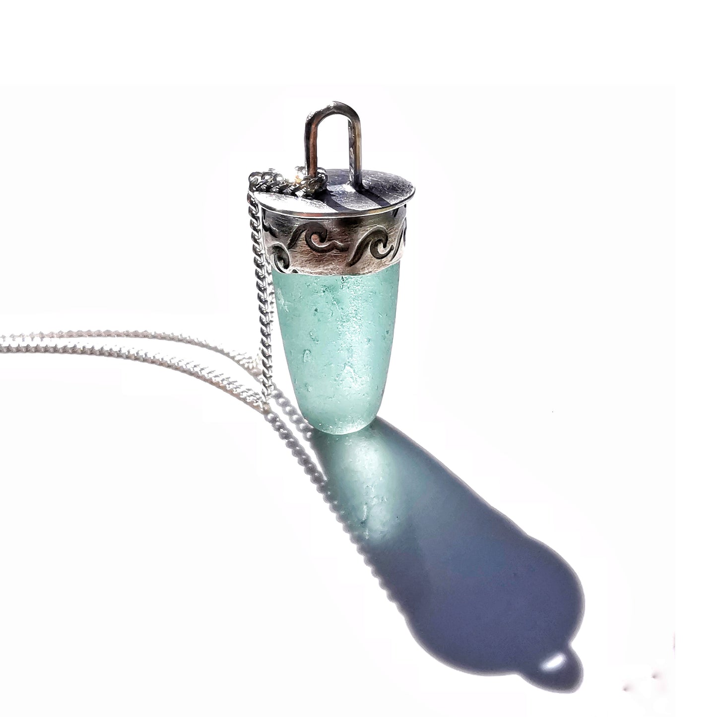 Scottish teal sea glass stopper stem & sterling silver pendant.