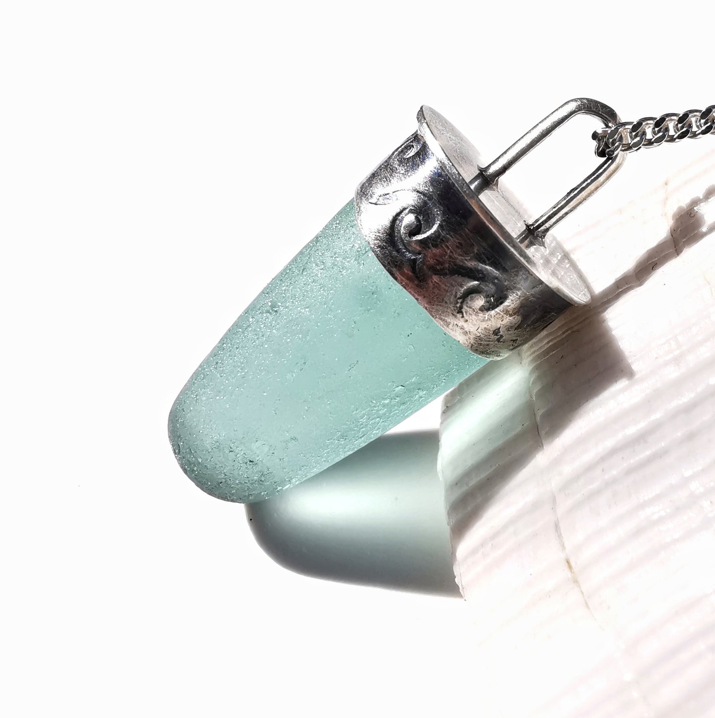 Scottish teal sea glass stopper stem & sterling silver pendant.